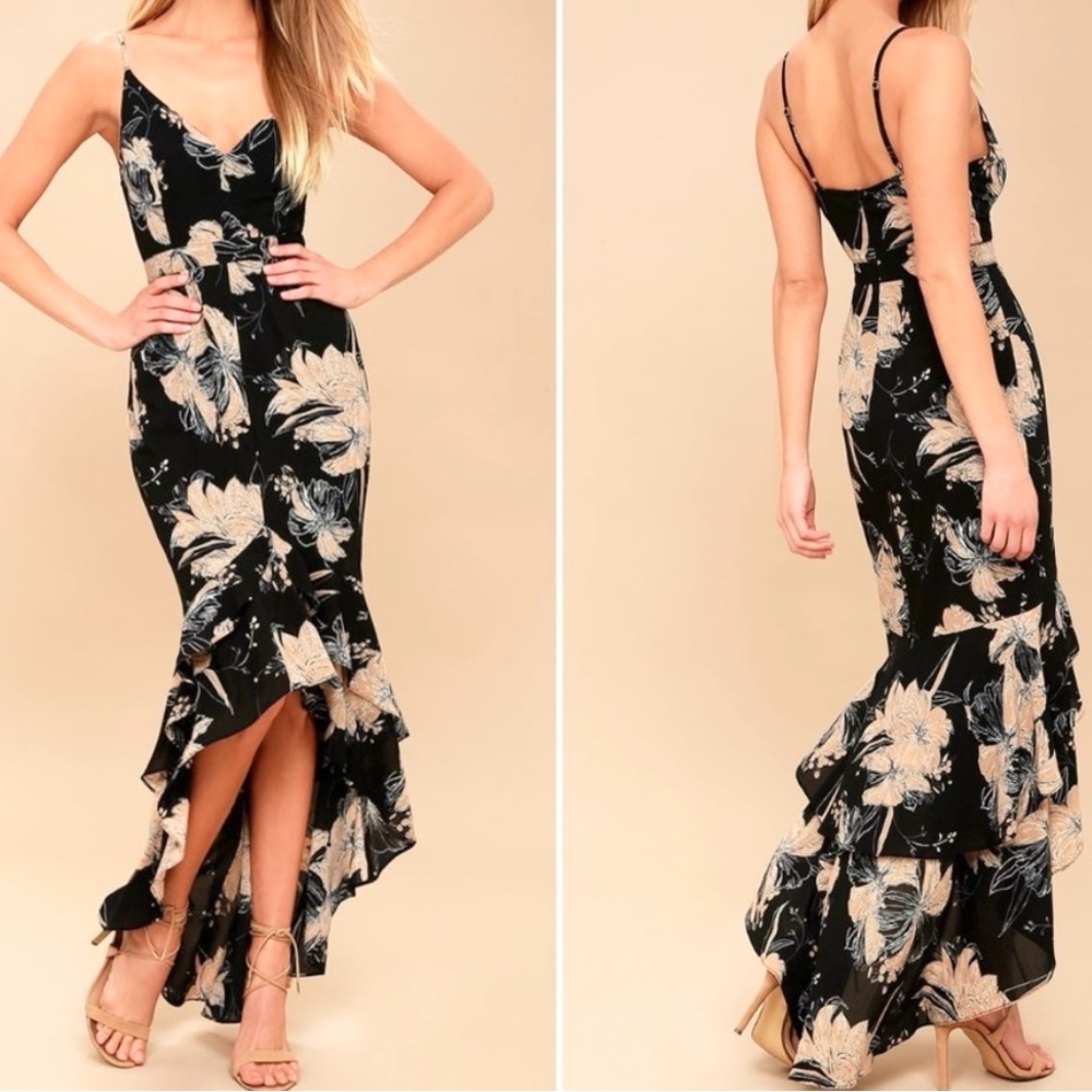NWT Lulus Darling Daylily Black with Cream Floral High/Low Maxi Dress. Size M